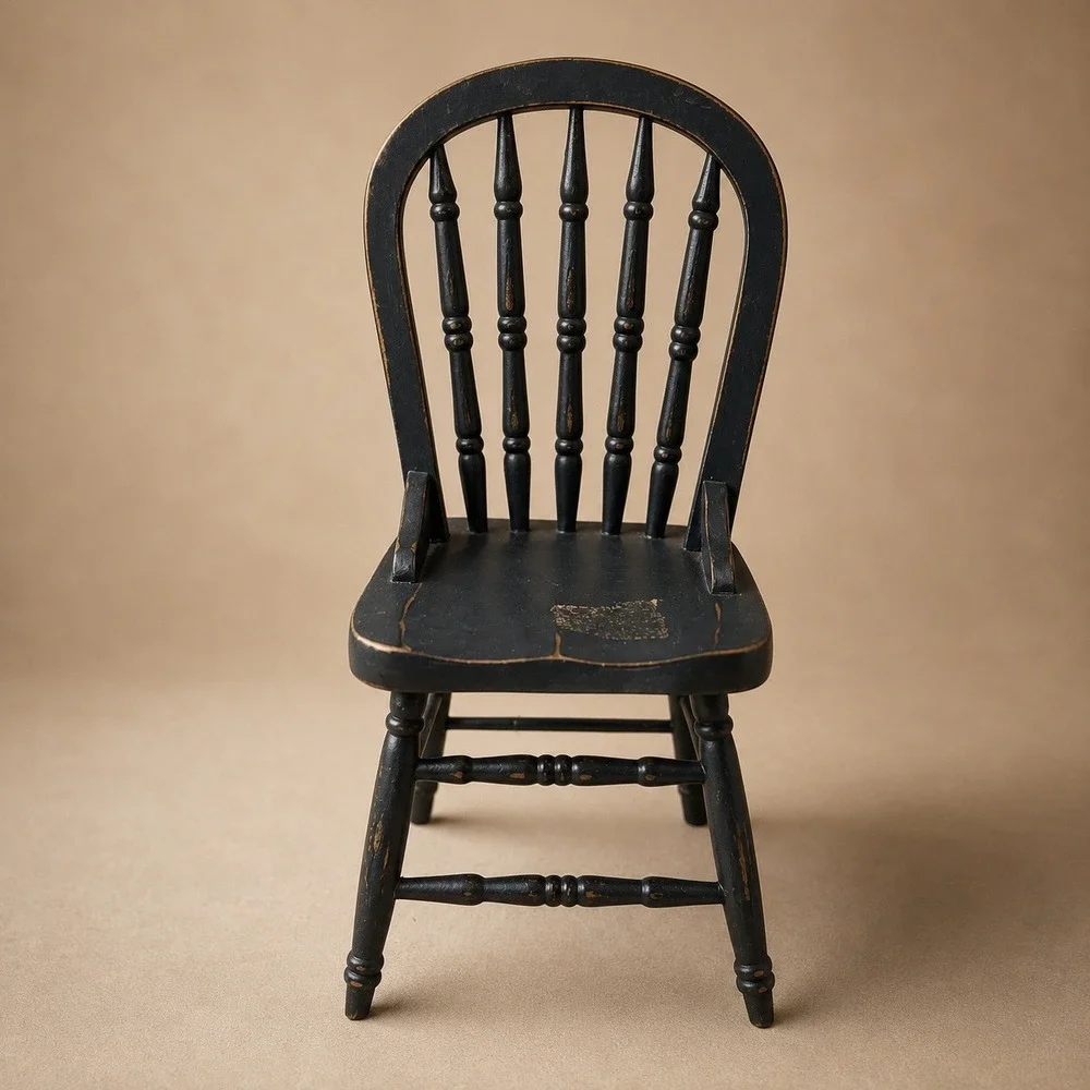 Vintage Miniature Wooden Spindle Back Chair Black Distressed Doll Display 10.5in